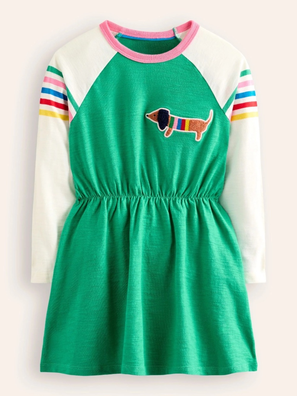 Mini Boden | Kids' Raglan Logo Dress with Dog Patch | Topaz Green | 5-6
